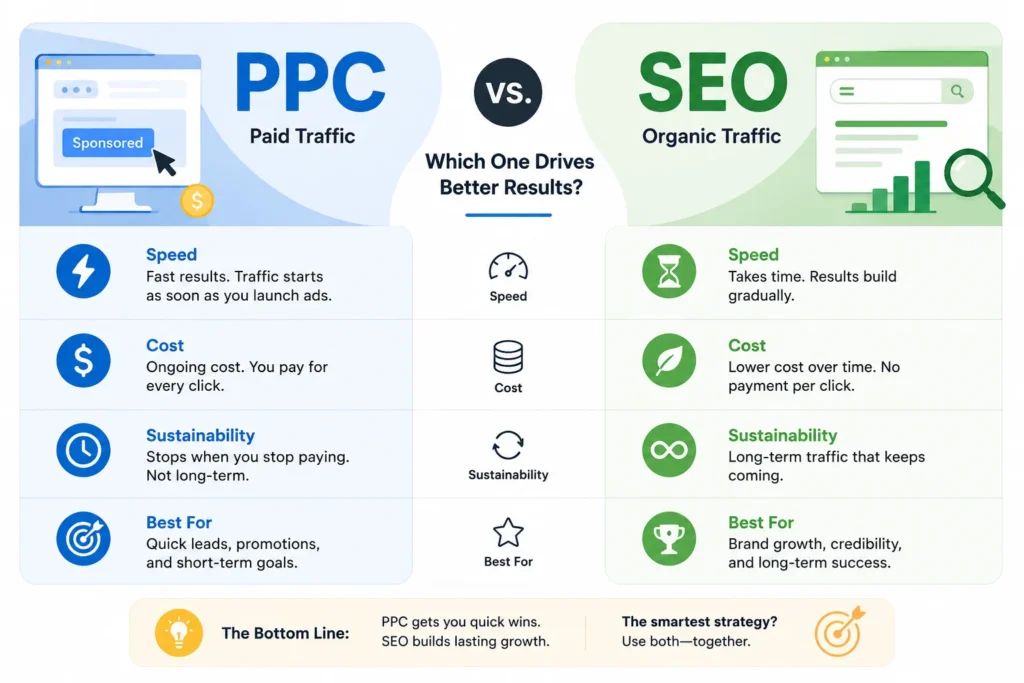 PPC vs SEO comparison graphic