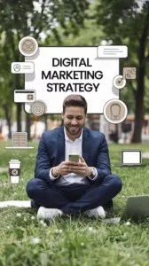 Businessman sitting on grass using phone with digital marketing strategy text and icons