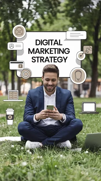 Businessman sitting on grass using phone with digital marketing strategy text and icons